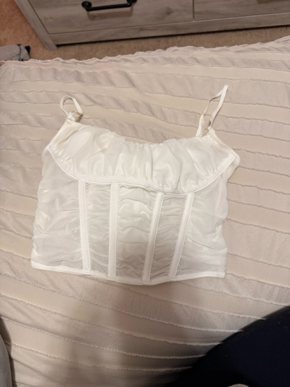 White Ruched Mesh Crop Cami with Boning Detail